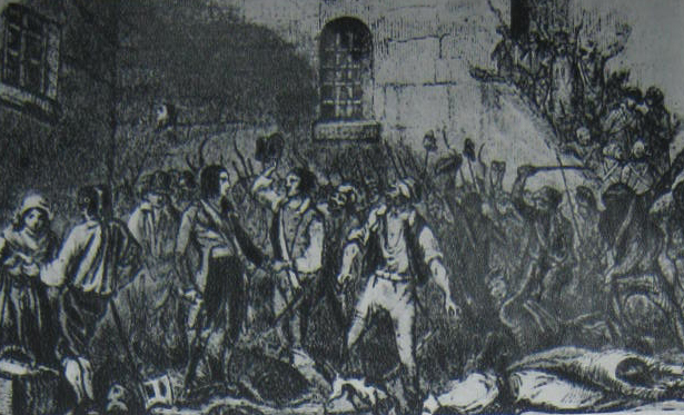 Le stragi nei cortili delle carceri dei Carmelitani, all'Abbazia, alla Conciergerie e alla Force (disegno di Raffet)